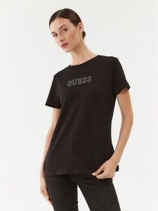 Guess T-Shirt V3BI11 J1314 Czarny Regular Fit. Czarne t-shirty Guess, xxs, z aplikacjami, z bawełny, bez kołnierzyka, bez ramiączek. Za 99,99 zł.