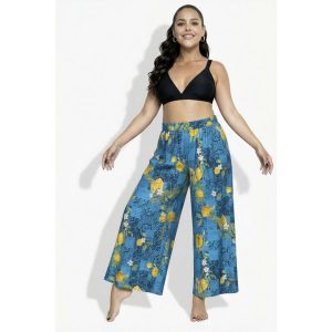 Damskie Spodnie palazzo cytryny szeroka nogawka elastyczny pas. Niebieskie rajstopy i pończochy Ulla Popken, bez wzorów, z materiału. Za 239,99 zł.