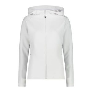 Damska bluza z kapturem zapinana na zamek CMP. Białe kurtki CMP, bez wzorów, z softshellu, z kapturem. W wyprzedaży za 286,60 zł.