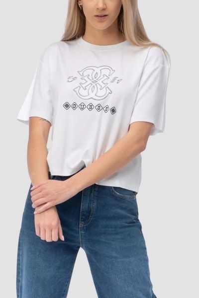GUESS Biały damski t-shirt na krótki rękaw z wyszywanym logo Gabi, Rozmiar L. Białe t-shirty Guess, l, z aplikacjami, bez kołnierzyka, bez ramiączek. Za 219,99 zł.