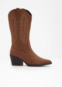 Długie kowbojki. Brązowe buty zimowe bonprix, bez wzorów, bez obcasa, bez zapięcia. Za 189,99 zł.