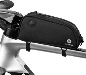 Torba na ramę rowerową 1,3 L, czarna, z odblaskowym logo. Czarne torby podróżne i sportowe ROCKBROS, bez wzorów, z materiału, na ramię. Za 83,20 zł.