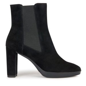 Botki Geox. Czarne botki Geox, bez wzorów, bez obcasa, na słupku, bez zapięcia. Za 549,99 zł.