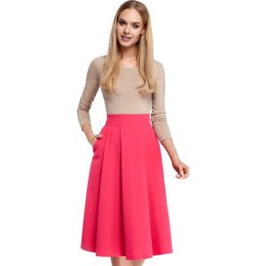 Różowa Midi Spódnica z Kontrafałdami. Czerwone spódnice MOE, l, bez wzorów, z elastanu, midi. Za 203,90 zł.