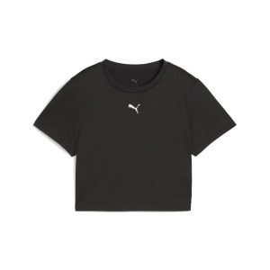 Damska krótka koszulka TAD ESSENTIALS PUMA Black. Czarne koszulki sportowe Puma, bez wzorów, bez ramiączek. W wyprzedaży za 89,00 zł.