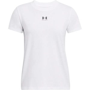 T-shirt damski Under Armour Rival Core. Białe t-shirty Under Armour, bez wzorów, z bawełny, bez kołnierzyka, bez ramiączek. Za 186,50 zł.