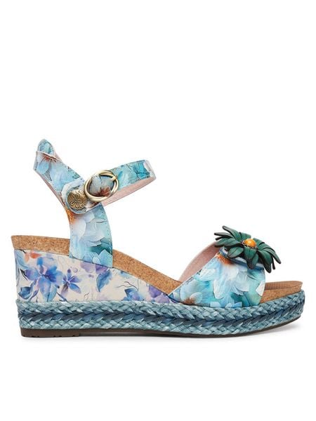 Laura Vita Sandały Facyo 75 Niebieski. Niebieskie sandały LAURA VITA, bez wzorów, ze skóry, bez obcasa, na koturnie, bez zapięcia. Za 439,99 zł.