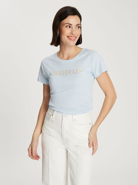 Cross Jeans Koszulka w kolorze błękitnym rozmiar: M. Niebieskie bluzki Cross Jeans, m, bez wzorów, z bawełny, bez kołnierzyka, bez ramiączek. Za 57,06 zł.