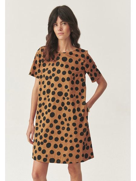 TATUUM Sukienka w kolorze jasnobrązowo-czarnym rozmiar: 42. Brązowe sukienki Tatuum, bez wzorów, bez kołnierzyka, bez ramiączek, mini. Za 148,26 zł.
