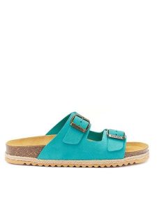Mandel Skórzane klapki w kolorze turkusowym rozmiar: 40. Niebieskie klapki Mandel, bez wzorów, ze skóry, z otwartym noskiem, bez obcasa. Za 165,99 zł.