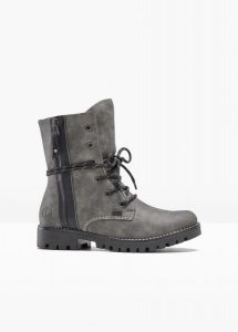 Kozaki zimowe Rieker. Szare kozaki bonprix, na zimę, bez wzorów, bez obcasa, bez zapięcia. Za 359,99 zł.