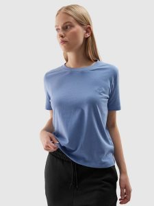 4F T-shirt regular gładki damski - niebieski S. Niebieskie t-shirty 4f, s, bez wzorów, z bawełny, bez kołnierzyka, bez ramiączek. W wyprzedaży za 29,99 zł.