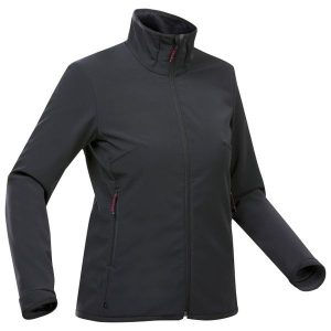 Kurtka turystyczna damska Softshell Forclaz MT100. Czarne kurtki FORCLAZ, m, bez wzorów, z polaru, bez kaptura. Za 199,99 zł.