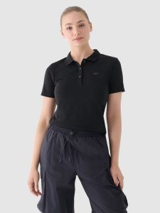 4F Koszulka polo slim damska - czarna XS. Czarne bluzki 4f, xs, bez wzorów, z bawełny, klasyczne, bez kołnierzyka, bez ramiączek. Za 89,99 zł.