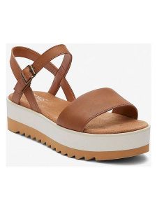 TOMS Skórzane sandały w kolorze jasnobrązowym na obcasie rozmiar: 39. Brązowe sandały Toms, bez wzorów, z otwartym noskiem, bez obcasa, na koturnie, bez zapięcia. Za 186,19 zł.