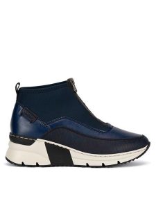Rieker Botki N6352-14 Niebieski. Niebieskie botki Rieker, bez wzorów, z materiału, bez obcasa, na koturnie, bez zapięcia. Za 329,99 zł.