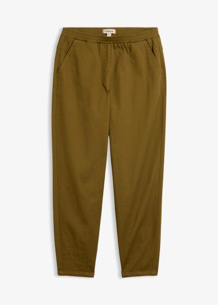 Jeansy ballonowe z diagonalu, z mieszanki bawełny i elastanu. Zielone jeansy bonprix, bez wzorów, z bawełny. Za 54,99 zł.