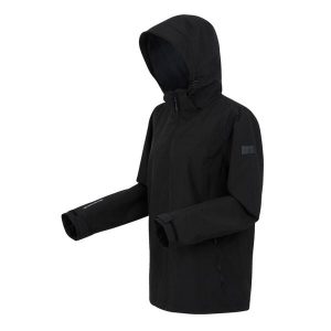 Kurtka przeciwdeszczowa z kapturem damska Regatta Coriver. Czarne kurtki Regatta, bez wzorów, z kapturem. Za 399,99 zł.