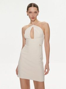 Elisabetta Franchi Sukienka koktajlowa AB-514-41E2-V300 Beżowy Slim Fit. Brązowe sukienki Elisabetta Franchi, bez wzorów, z syntetyku, wizytowe, bez kołnierzyka, bez ramiączek. Za 669,00 zł.