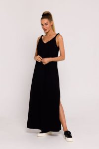 Czarna Sukienka Maxi bez Rękawów z Dekoltem na Plecach. Czarne sukienki MOE, l, bez wzorów, z bawełny, bez kołnierzyka, bez ramiączek, maxi. Za 331,90 zł.