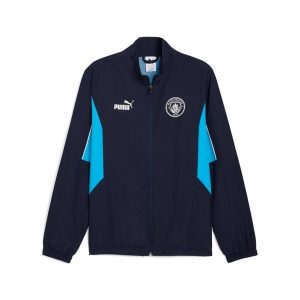 Kurtka z dresu Manchester City 2024/25. Niebieskie kurtki Puma, bez wzorów, z dresówki, bez kaptura. W wyprzedaży za 252,00 zł.