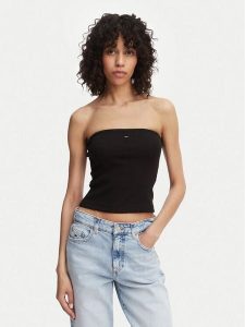 Tommy Jeans Top DW0DW22263 Czarny Slim Fit. Czarne topy Tommy Jeans, l, bez wzorów, z bawełny, bez kołnierzyka, bez ramiączek. Za 149,99 zł.