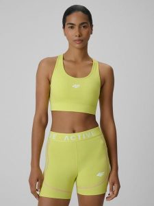 4F Biustonosz treningowy z niskim wsparciem damski - żółty M. Żółte biustonosze 4f, w ażurowe wzory, z gumy. Za 119,99 zł.