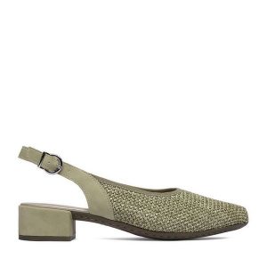 Czółenka Rieker. Zielone czółenka Rieker, bez wzorów, bez obcasa, bez zapięcia. Za 299,99 zł.