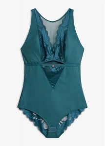 Body o średnim stopniu modelowania sylwetki, z koronką. Niebieskie body i gorsety bonprix, bez wzorów, z koronki. Za 109,99 zł.
