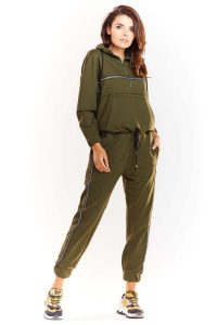 Khaki Wygodne Spodnie na Gumie z Lampasami. Brązowe bluzy Infinite You, l, bez wzorów, z dresówki. Za 184,90 zł.
