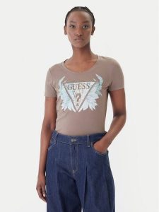 Guess T-Shirt W6GI12 K3027 Brązowy Regular Fit. Brązowe t-shirty Guess, m, z aplikacjami, z bawełny, bez kołnierzyka, bez ramiączek. Za 194,99 zł.