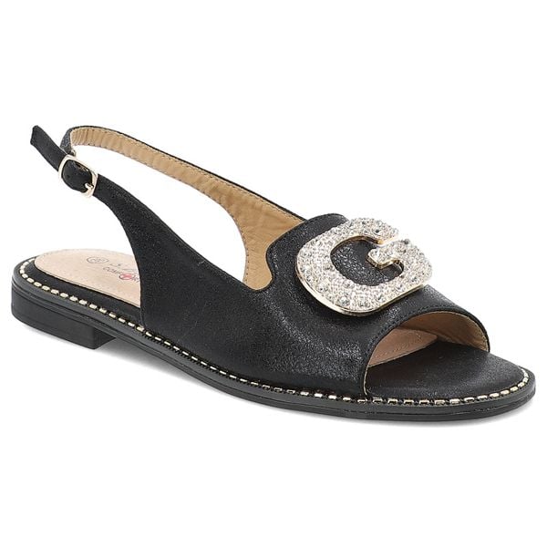 Sandały damskie S. Barski, eleganckie z ozdobą ze skóry ekologicznej ze sprzączką na płaskim obcasie, czarne, KV51-081. Czarne sandały S.BARSKI, z aplikacjami, ze skóry ekologicznej, bez obcasa, na płaskiej podeszwie, bez zapięcia. Za 125,90 zł.