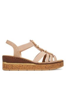 Rieker Sandały CEO-63778-31 Beżowy. Brązowe sandały Rieker, bez wzorów, z materiału, bez obcasa, na koturnie, bez zapięcia. Za 339,99 zł.