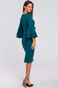 Sukienka elegancka ołówkowa z bufiastymi rękawami morski. Zielone sukienki Makover, na imprezę, l, z aplikacjami, z elastanu, eleganckie, bez kołnierzyka, bez ramiączek, midi, dopasowane. Za 309,00 zł.