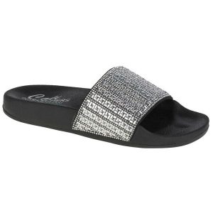 Klapki na basen damskie, Pop Ups-New Spark. Szare klapki Skechers, bez wzorów, z materiału, bez obcasa. Za 189,99 zł.