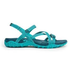 Sandały trekkingowe damskie TENA V4 – idealne dopasowanie i świetna przyczepność. Zielone sandały Izas, bez wzorów, bez obcasa, bez zapięcia. W wyprzedaży za 226,04 zł.