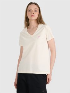 4F T-shirt oversize gładki damski - biały XS. Białe t-shirty 4f, xl, bez wzorów, z bawełny, bez kołnierzyka, bez ramiączek. W wyprzedaży za 39,99 zł.