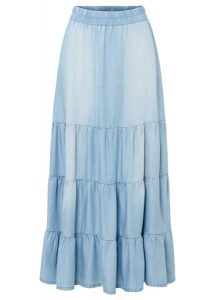 Spódnica midi z falbankami. Niebieskie spódnice bonprix, bez wzorów, z denimu, midi. Za 169,99 zł.