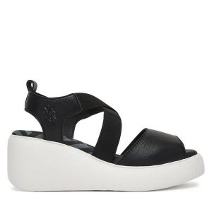 Sandały Fly London. Czarne sandały Fly London, bez wzorów, bez obcasa, na koturnie, bez zapięcia. Za 547,99 zł.