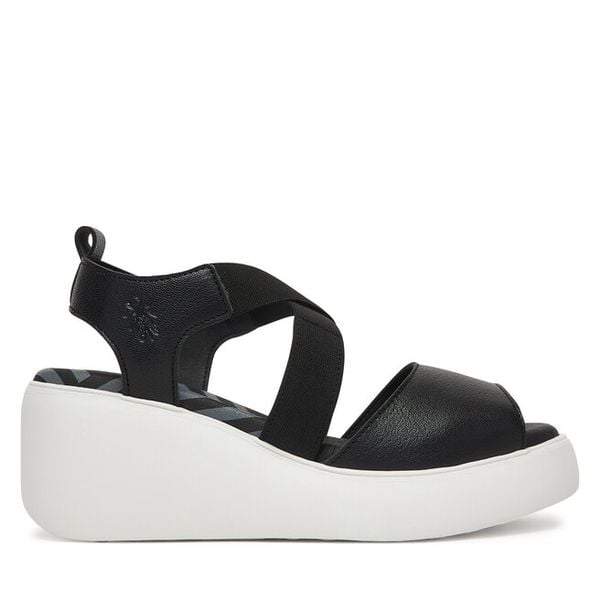 Sandały Fly London. Czarne sandały Fly London, bez wzorów, bez obcasa, na koturnie, bez zapięcia. Za 547,99 zł.