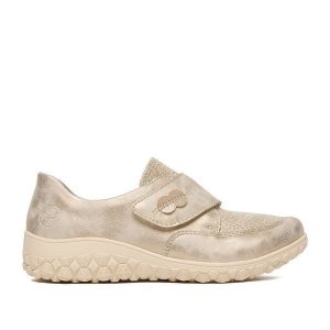 Półbuty Rieker. Brązowe półbuty Rieker, bez wzorów, bez obcasa, na płaskiej podeszwie, bez zapięcia. Za 339,99 zł.