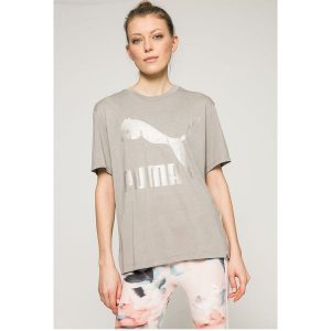 Puma - Top. Szare t-shirty marki Puma, z nadrukiem, z dzianiny, z okrągłym kołnierzem, z krótkim rękawem. W wyprzedaży za 79,90 zł.