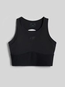 4F Crop top do jogi szybkoschnący damski - czarny M. Czarne topy 4f, l, bez wzorów, z gumy, biznesowe, bez kołnierzyka, bez ramiączek. Za 119,99 zł.