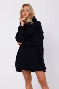 Krótka Dzianinowa Sukienka z Kapturem - Czarna. Czarne sukienki MOE, l, bez wzorów, z bawełny, wizytowe, bez kołnierzyka, bez ramiączek, mini. Za 334,90 zł.