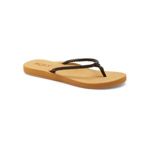 Klapki plażowe dla Kobiety COSTAS. Czarne klapki Roxy, bez wzorów, ze skóry, bez obcasa. Za 89,99 zł.