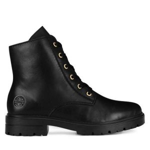 Trzewiki Rieker. Czarne botki Rieker, bez wzorów, bez obcasa, na płaskiej podeszwie, bez zapięcia. Za 335,00 zł.