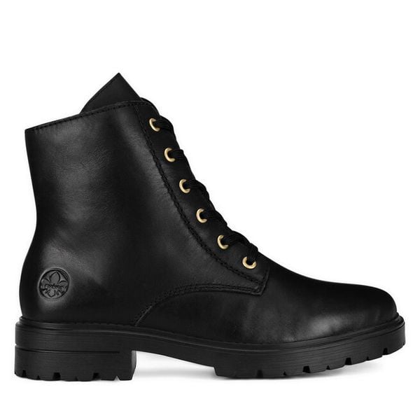 Trzewiki Rieker. Czarne botki Rieker, bez wzorów, bez obcasa, na płaskiej podeszwie, bez zapięcia. Za 335,00 zł.