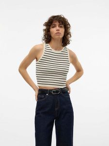 Vero Moda Top "Ginny" w kolorze kremowo-czarnym rozmiar: M. Brązowe topy Vero Moda, m, bez wzorów, bez kołnierzyka, bez ramiączek. Za 35,10 zł.