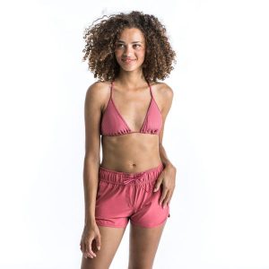 Góra kostiumu kąpielowego surfingowego damska Olaian Mae. Czerwone bikini OLAIAN, bez wzorów, z elastanu. W wyprzedaży za 39,99 zł.