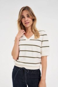 Bluza w paski z krótkimi rękawami ecru. Bluzy MOODO, l, bez wzorów, z bawełny, bez kaptura. Za 89,99 zł.